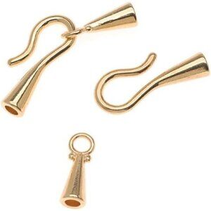 Hook and Eye Clasps, Cone Shaped End Caps 6.2mm Diameter Gold Plate - 9 Clasps